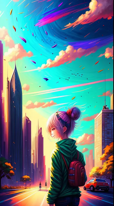 ((Rainbow Daytime Sky))、Anime girl looking at big city landscape,Near Future City、 makoto shinkai cyril rolando, anime art wallpaper 4k, anime art wallpaper 4k, Anime art wallpaper 8k, inspired by Cyril Rolando, in the style dan mumford artwork, amazing wa...