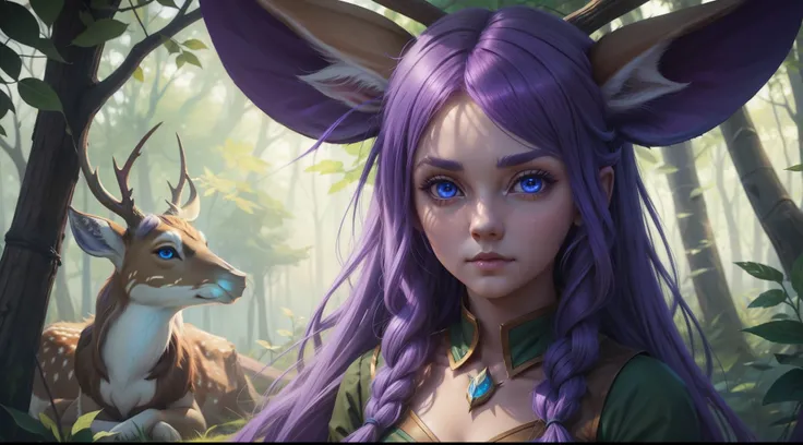 deer girl, lillia league of legends, deer ears, long plant stick, purple and blue hair, big blue eyes, deer body girl, deer body and human head girl