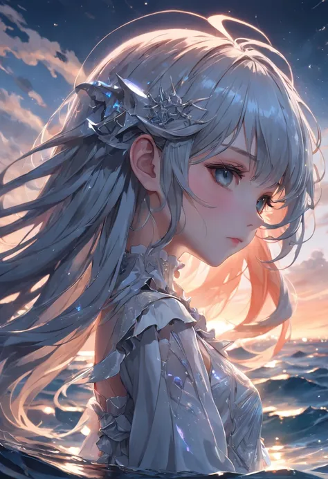 ((masterpiece)), ((best quality)), ((illustration)), extremely detailed,style girl, long shot, small breast,light grey very_long_hair, scifi hair ornaments, beautiful detailed deep eyes, beautiful detailed sky, beautifuldetailed water, cinematic lighting, ...