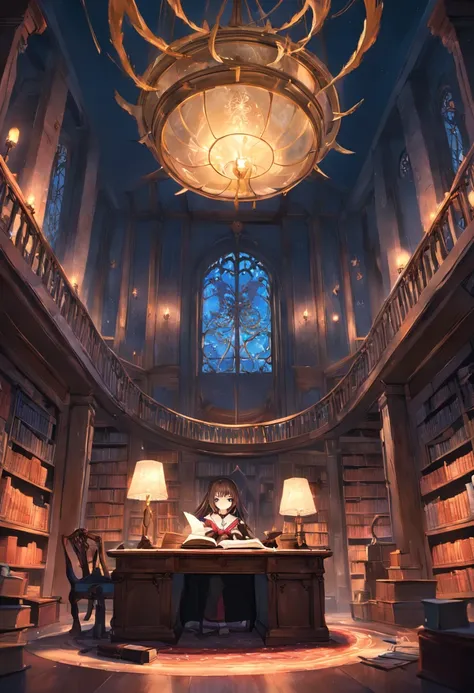 A desk is topped with a European-style lamp，An open magic book，It seems that something can be summoned，The background is the library，It needs to have a sense of atmosphere，a sense of mystery，Legend summons book，There is glare