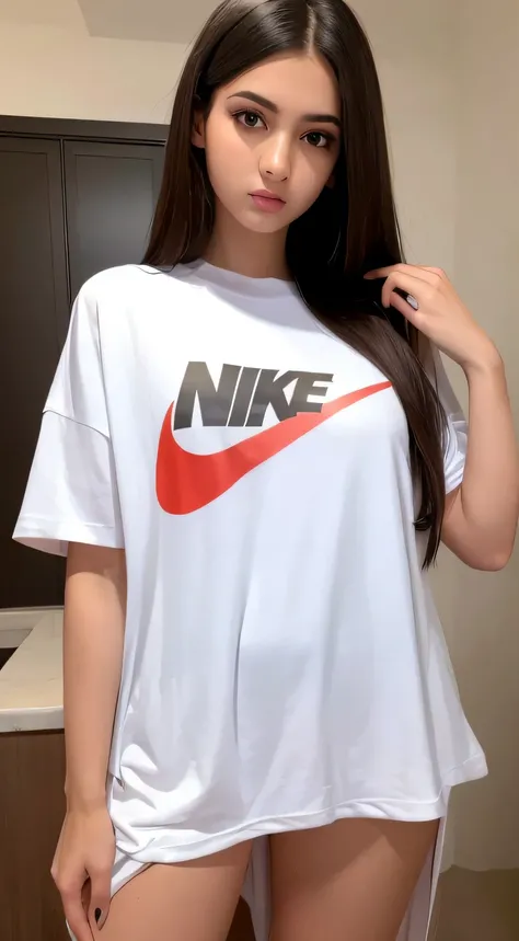 Arabe belle fille,At home,T-shirt Nike blanc oversize, skin a little dark, sexy pose,dynamique, expression mignonne,instagram pose, cheveux longs, Realistic ulra,