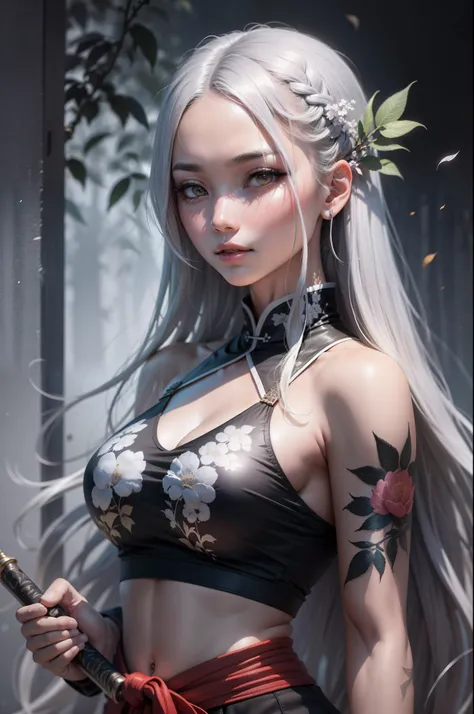 A woman stands in a dense bamboo forest, There are leaves blown up by the wind all around, Pitch black night, The moon is in the sky, She has a beautiful face, Detailed facial features, Silver Eyes, indifferent expression, Long silver hair, She holds a lon...