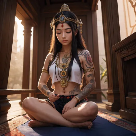 Young tantric priestess woman with tattoos meditating in shorts in a photorealistic temple