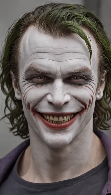 heath ledger como (O Coringa), skindentation, bright realistic eyes and a huge manic smile, (rosto foto-realista perfeito), obra-prima, studio illumination, olhanado para frente.