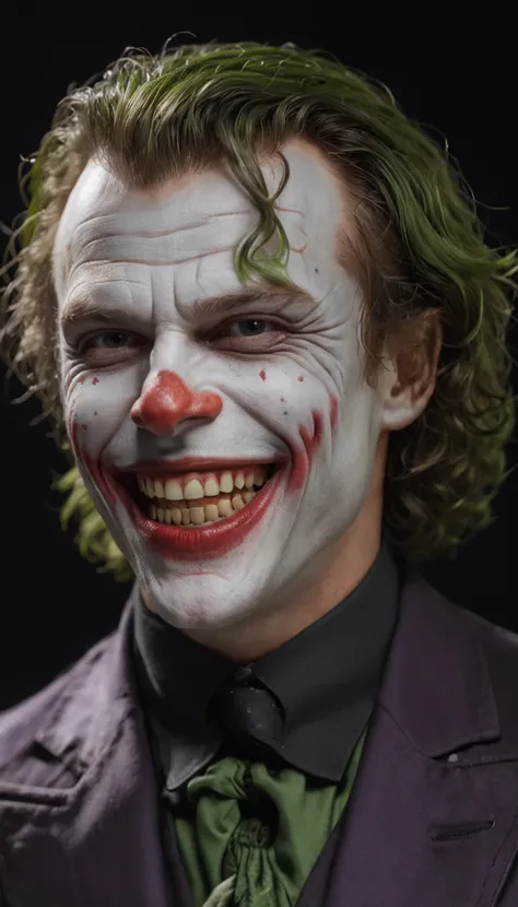 heath ledger como (O Coringa), skindentation, bright realistic eyes and a huge manic smile, (rosto foto-realista perfeito), obra-prima, studio illumination, olhanado para frente.