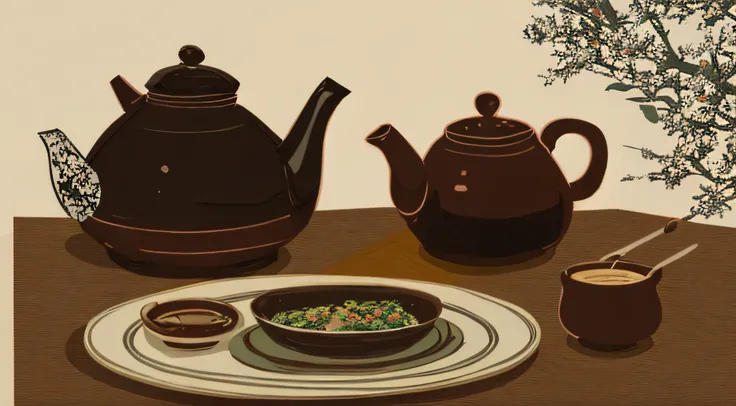 There was a teapot and a plate，There is some food on it, Stylized digital illustration, tea ceremony scene, wikihow illustration, Detailed 2D illustration, Digital illustration, illustration!, full page illustration, detailed digital illustration, Digital ...