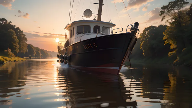 A serene moment as the sun sets, casting a warm glow on the tranquil river. A small boat glides on the river, with the side view showcasing its elegant design. The ripples on the water surface mirror the suns radiance, adding a touch of movement to the sce...