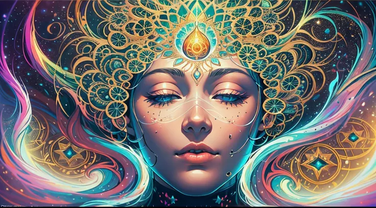 Diving Into The Ether Flowing with The Eternal Soul Through Vibration of love, everything is connected, Flowing energy, Spiritual, divine, dreamlike, cosmic, concept art, mind blowing, feminine beauty, god, pineal gland, dreamlikeart