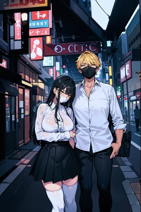 (masterpiece:1.5), (bestquality), highlydetailed, ultra-detailed, 1boy, 1girl, (eye glass),(black hair:black hair:lateral hair), (long straight hair:blonde hair:0.8), (yellow eyes), (fleshy feeling), (plump:0.7), (fleshy legs), (black pants:pants), (black ...