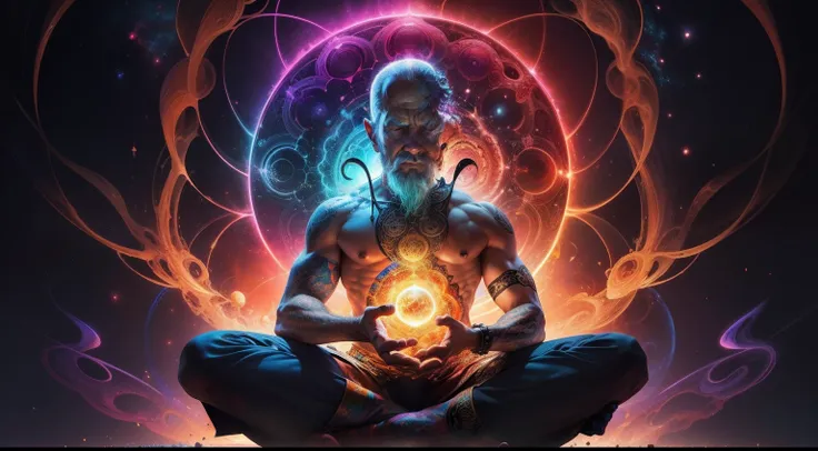 a colorslashh An explosion of colors, hyper realistic ,liquid,, oldman sitting in a lotus position, complex stuff around, intricate in the background, Spiritual, divine, dreamlike, cosmic, mind blowing,  god, pineal gland, dream like,