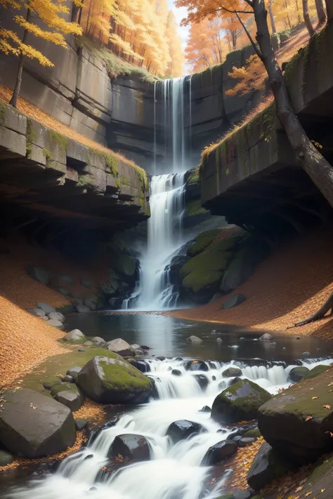 autumnal，Yellow leaves，Waterfall creek