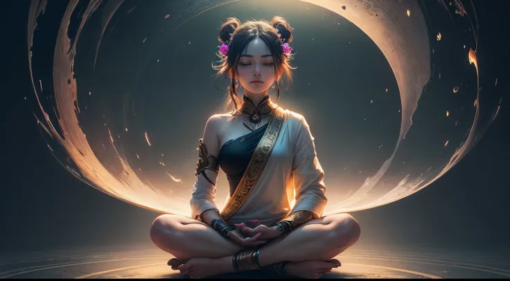 (extremely detailed CG unity 8k wallpaper, floating, high saturation), a masterpiece of uma imagem, best quality, ultra-detailed, an extremely delicate and beautiful, a silhouette of uma pessoa sitting in a lotus position, meditating, with a visual emphasi...