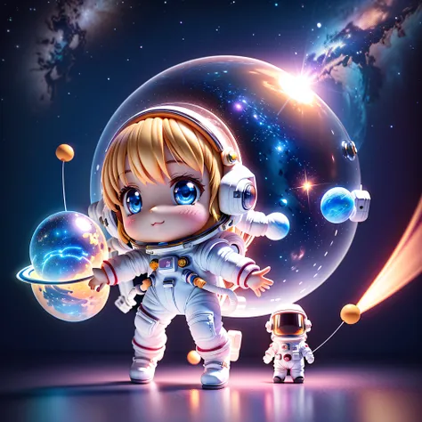 Super cute girl full body 3D picture, 1 pc, good looking eyes, big eyes, cute, happy, c4d, pop matt blind box, white long hair, glowing bubbles, toys, solid color background, chibi, fluorescent translucency, luminous body, kawaii, doll, (((astronaut, space...