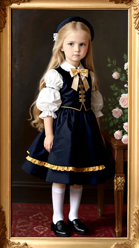 Russian, Girls Children , Portrait , Long blonde hair and bow，Layered skirt，Noble，opulent，cropped shoulders