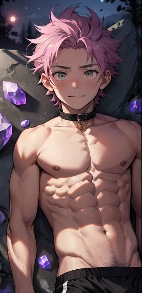 (masterpiece, best quality), 1boy，younge boy，Kids face,Childrens faces，Juvenile faces，Lying on a huge amethyst stone，ssmile，adolable，infancy，Young age，Short round face，Flat chin，Pink briefs，musculous, Short purple hair with a very light color,Heterochromat...