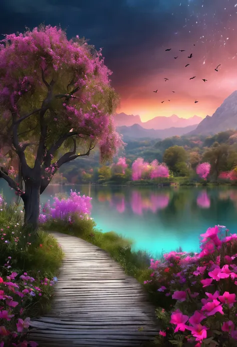 a full view of a lake with a lot of flowers, a detailed matte painting by Igor Zenin, shutterstock contest winner, fantasy art, enchanting, mystical, nightscape,highly detailed