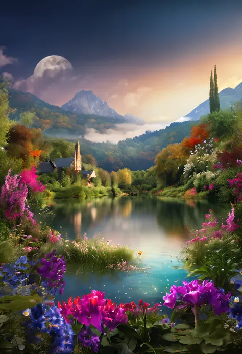 a full view of a lake with a lot of flowers, a detailed matte painting by Igor Zenin, shutterstock contest winner, fantasy art, enchanting, mystical, nightscape,highly detailed