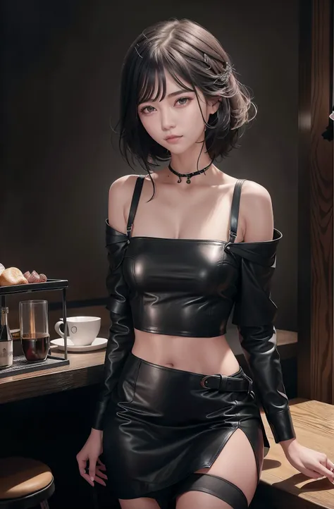 There is a woman in a black shirt and skirt posing for a photo, black leather slim clothes, Leather top, Leather, cruel korean goth girl, trending on cgstation, trending at cgstation, black leather bra, korean womens fashion model, Leather clothes, Dressed...