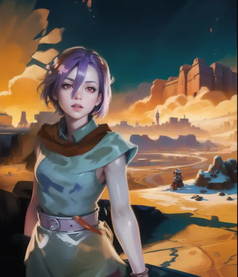 (tmasterpiece),The Official Art of Paints, splatter,Realistic desert sky ), ((Custom-made iron)), ((The girl is beautiful)), (((red-eyes))), ((purple short hair))  , (Successful pose) ,(((Wastelands and canyons in the background))),fabric on the shoulder