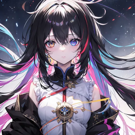 {{masterpiece}}，电影灯光，lens flare glow，beatiful detailed eyes，black in color，multicolour hair，Colorful light，particulate，Heterochromia，（a color：1.5），（The color hair:1.5),