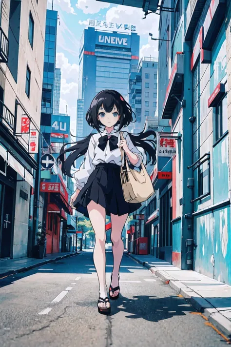 anime girl walking down the street in white shirt and black skirt, style of anime4 k, anime style. 8k, anime style illustration,...