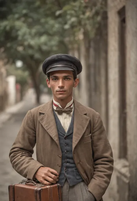 In 1900, a young Italian immigrant man arrives in Brazil, in Porto de Santos, SP, he carries suitcases in his hands, take a color photo with the colors of the time, realistic image, realistic color image, detailed, realistic image 20th century style , real...