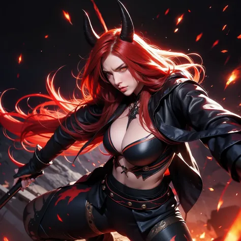 demon, female, combat stance, red hair, orange eyes, scar between bodies, black horn