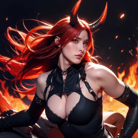 demon, female, combat stance, red hair, orange eyes, scar between bodies, black horn