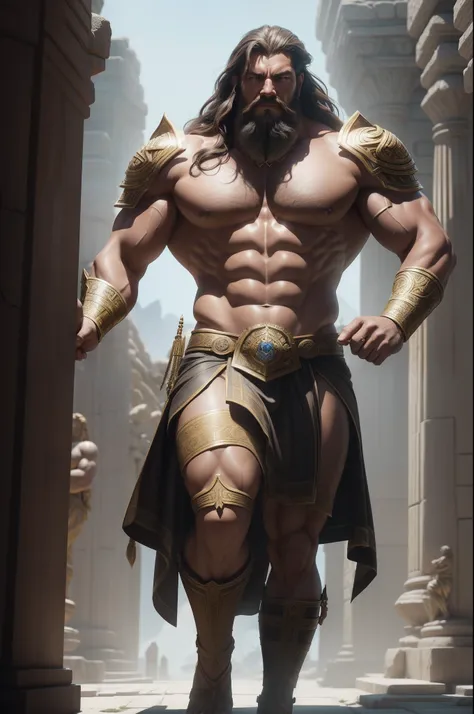 "A powerful and charismatic figure, Samson from the biblical tales, showcasing immense strength as he pushes over the pillars in the temple."Biblical Samson in a golden outfit, furious Samson, epic scene of Samson pushing over pilars in Temple, muscular ch...