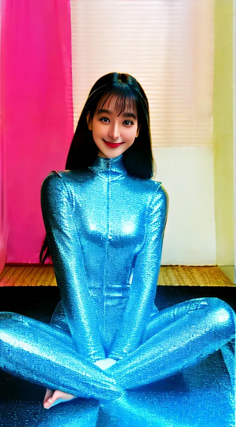 There is a young girl sitting on a mat in a room, Meditation Poses, Sitting cross-legged, lotus pose, sitting pose, A meditative, BREAK (Super Shiny Metallic Pale Black Furnody Suit:1.3), (Bodysuit in only one color:Super Metallic Pale Blue) , Super tight ...