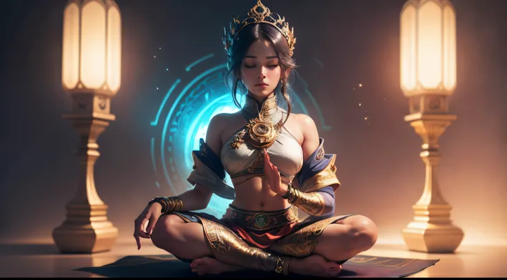 (extremely detailed CG unity 8k wallpaper, floating, high saturation), a masterpiece of uma imagem, best quality, ultra-detailed, an extremely delicate and beautiful, a silhouette of uma pessoa sitting in a lotus position, meditating, with a visual emphasi...