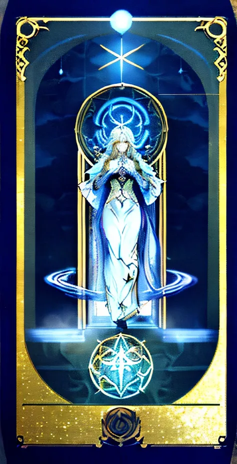 anime character in a throne with a blue background, ((a beautiful fantasy empress)), [ tarot card ]!!!!!, high priestess, cushar...