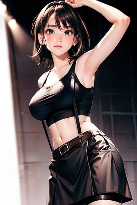 Black skirt, Tank Tops　suspenders, Brown hair Gray eyes, Garter belt on the legs, Tight clothes, 　　 a belt　Armpit sweat　　deadpan　large full breasts　short-cut