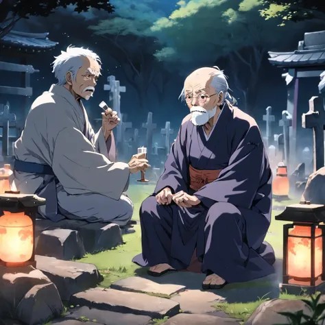 old man sitting in front of a tombstone drinking sake, ghost around him