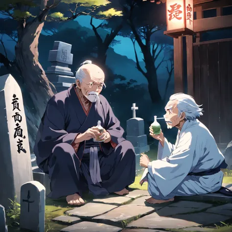 old man sitting in front of a tombstone drinking sake, ghost around him