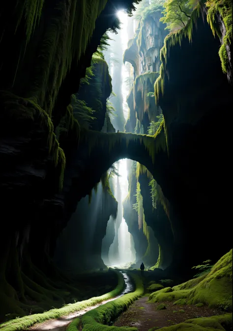 A big deep cave, dark forest, mysterious trees,  every where moss,