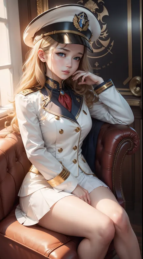 very beautiful girl。dress like a naval officer's uniform。wearing a white marine cap。ruffles at cuffs and hem of skirt。golden flu...