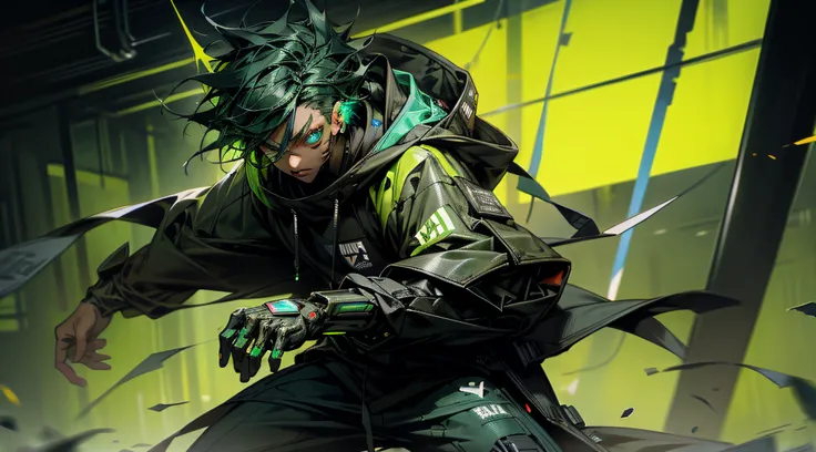 A boy in a black hoodie，With a knife in his hand, Hyper-realistic cyberpunk style，Digital cyberpunk anime style，cyan colors，The eyes glow green，