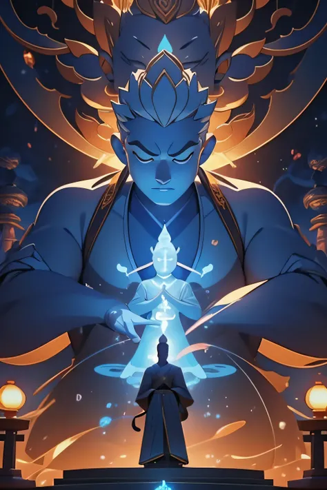 Disney characters standing in front of a blue glowing Buddha statue，showing his arms，playstation 5 screenshot，chinese paintings，close-up intensity，Zhong Fenghua，kazuki takamatsu，Han Young-ho，God Ray，Master of Sunshine，looking at the camera in，3Drenderingof...