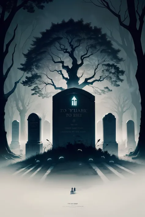 /imagine prompt: The new typographic T-shirt design for Halloween with a spooky cemetery scene. O design mostra uma noite enluarada, with twisted trees casting mysterious shadows. Lua cheia ilumina a cena, and tombstones are scattered around. The atmospher...