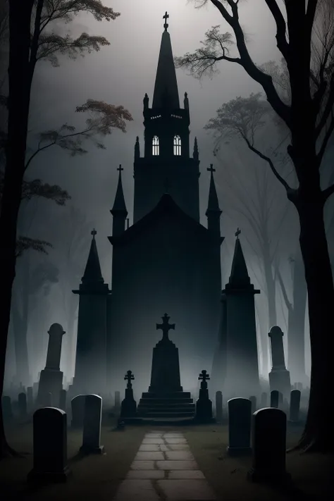 /imagine prompt: The new typographic T-shirt design for Halloween with a spooky cemetery scene. O design mostra uma noite enluarada, with twisted trees casting mysterious shadows. Lua cheia ilumina a cena, and tombstones are scattered around. The atmospher...