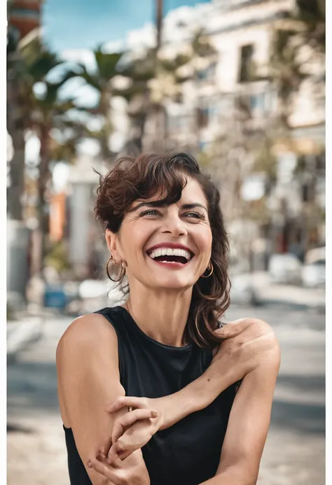 European woman with teeth in the foreground, high quality teeth, perfect tooth alignment, short hair, dressed, happy smile, high quality visual, in a dental clinic, with the name of Dr.Dt.Kutay Gürel written on the wall behind