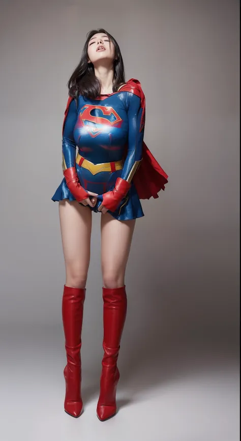 (((Make the most of the original image)))、(((Be sure to wear black tights)))、(((Supergirl Costume)))、(((lustrous dark hair)))、(((Suffering)))、(((Eyes closed)))、(((Be sure to wear red boots)))、(((Hung)))、((Top image quality、8K))、((top-quality、8K、​masterpiec...