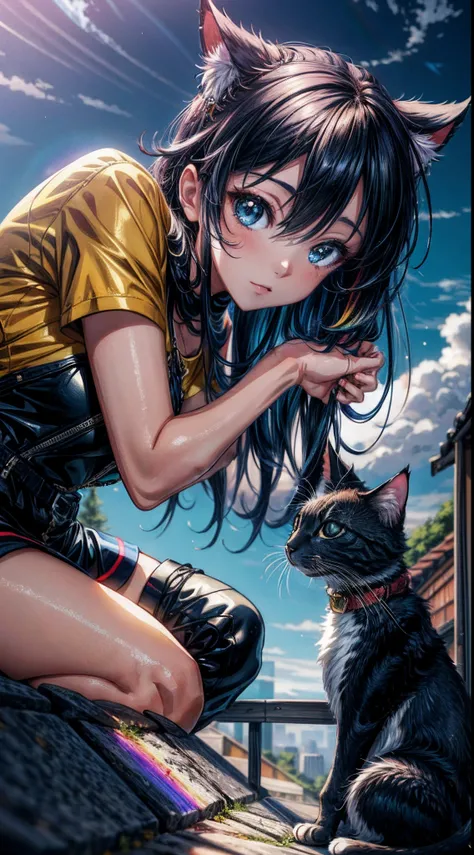 ((Rainbow Daytime Sky))、Anime girl cuddling a cat,Near Future City、 makoto shinkai cyril rolando, anime art wallpaper 4k, anime art wallpaper 4k, Anime art wallpaper 8k, inspired by Cyril Rolando, in the style dan mumford artwork, amazing wallpapers, by Yu...