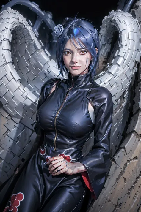 1girl, konan akatsuki in anime naruto, short hair, blue hair, yellow eyes, smile, beautiful, sexy dress, sexy clothes, black and red clothes, very big breast, realistic clothes, detail clothes, outdoor background, ultra detail, realistic