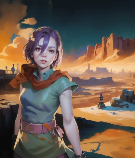 (tmasterpiece),The Official Art of Paints, splatter,Realistic desert sky ), ((Custom-made iron)), ((The girl is beautiful)), (((red-eyes))), ((purple short hair))  , (Successful pose) ,(((Wastelands and canyons in the background)))