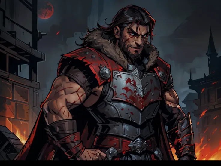 Blood moon background, Darkest Dungeon style, weredragon, hiding in shadows. Sadurang from Marvel, hunk, buffed physics, short mane hair, mullet hair, defined face, detailed eyes, short beard, red eyes, dark hair, cruel smile, badass, dangerous. ((full red...