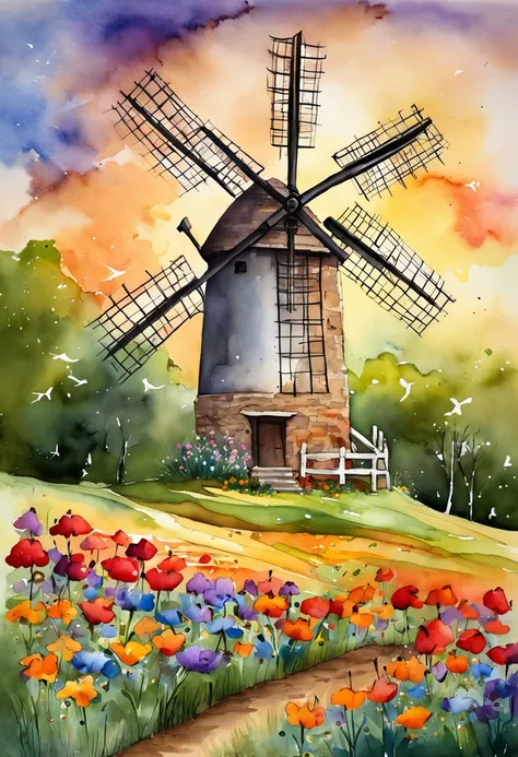 "Beautiful windmill surrounded by a vibrant field of flowers under majestic skies."