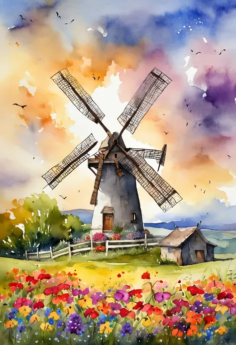 "Beautiful windmill surrounded by a vibrant field of flowers under majestic skies."