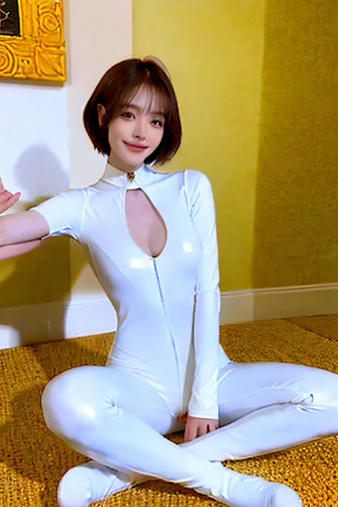 Meditation Poses, Sitting cross-legged, lotus pose, sitting pose,Solo, Super Fine Photo, Full body photo Unreal Engine 5 8K UHD Girl in futuristic Evangelion plug suit with snug skin fit, Smooth white catsuit, Iconic characters in gold, smooth white skin, ...